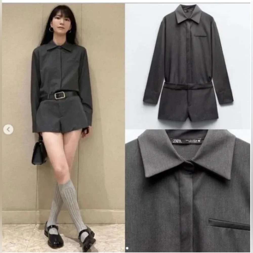 ZARA SHIRT STYLE MASCULINE JUMPSUIT PLAYSUIT GREY- SZ XS-NWT